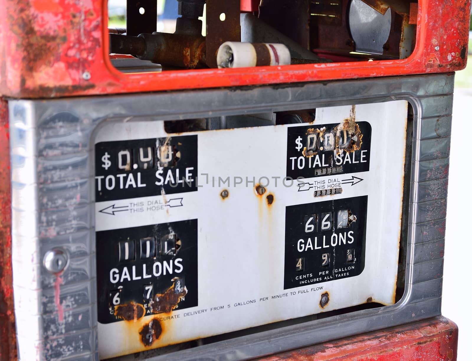 Old rusty american gas pump panel, displaying the price in dollars and filling amount in gallons