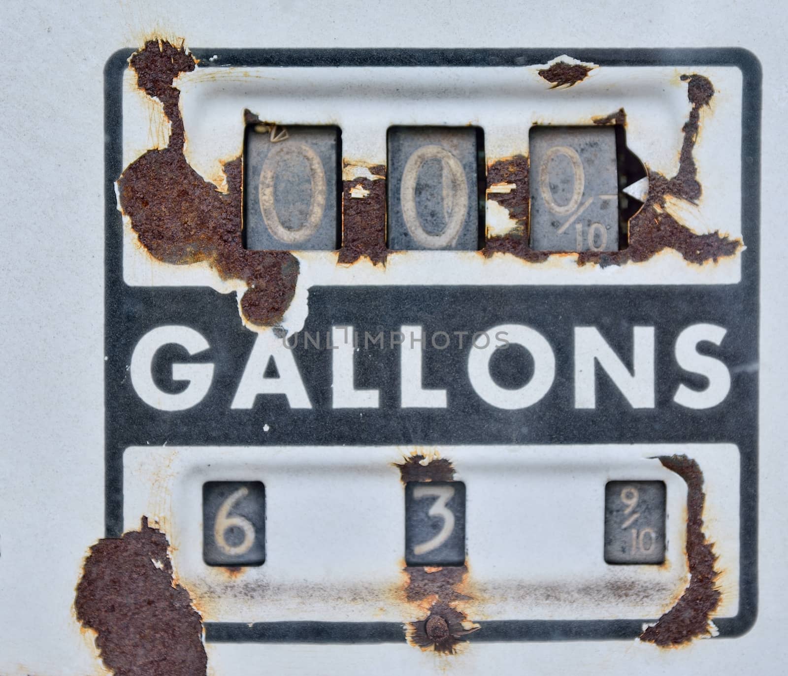 Old rusty american gas pump panel, displaying the price in dollars and filling amount in gallons