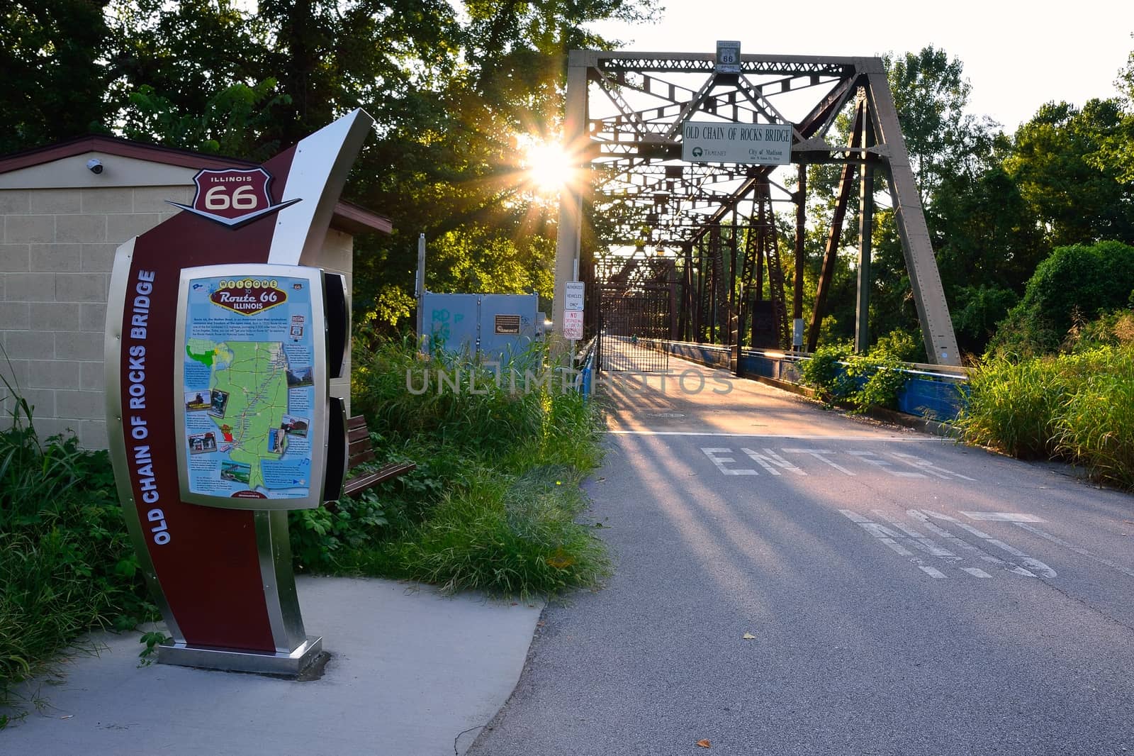Granite City, Illinois - July 17, 2017: Route 66 on the old Chain of Rocks bridge on the Mississippi river.