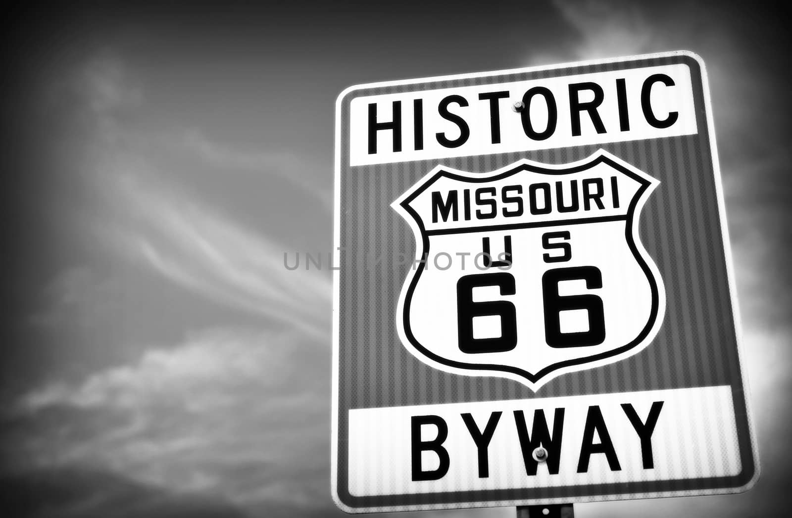 Historic route 66 highway sign in Missouri USA. Black and white