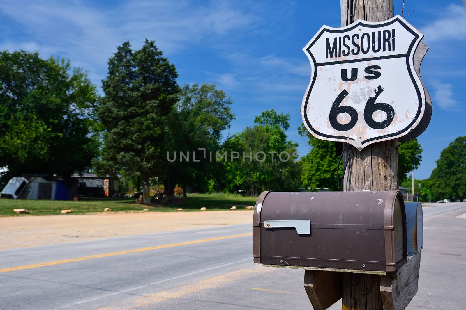 Historic route 66 highway sign in Missouri, USA.