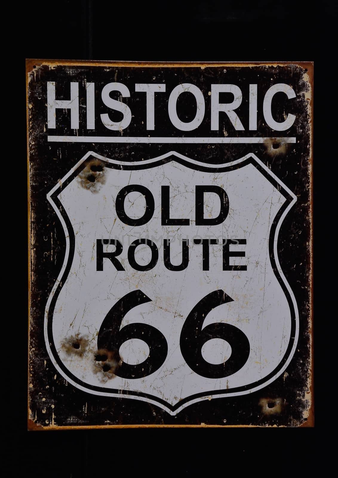 Historic old Route 66 black sign.