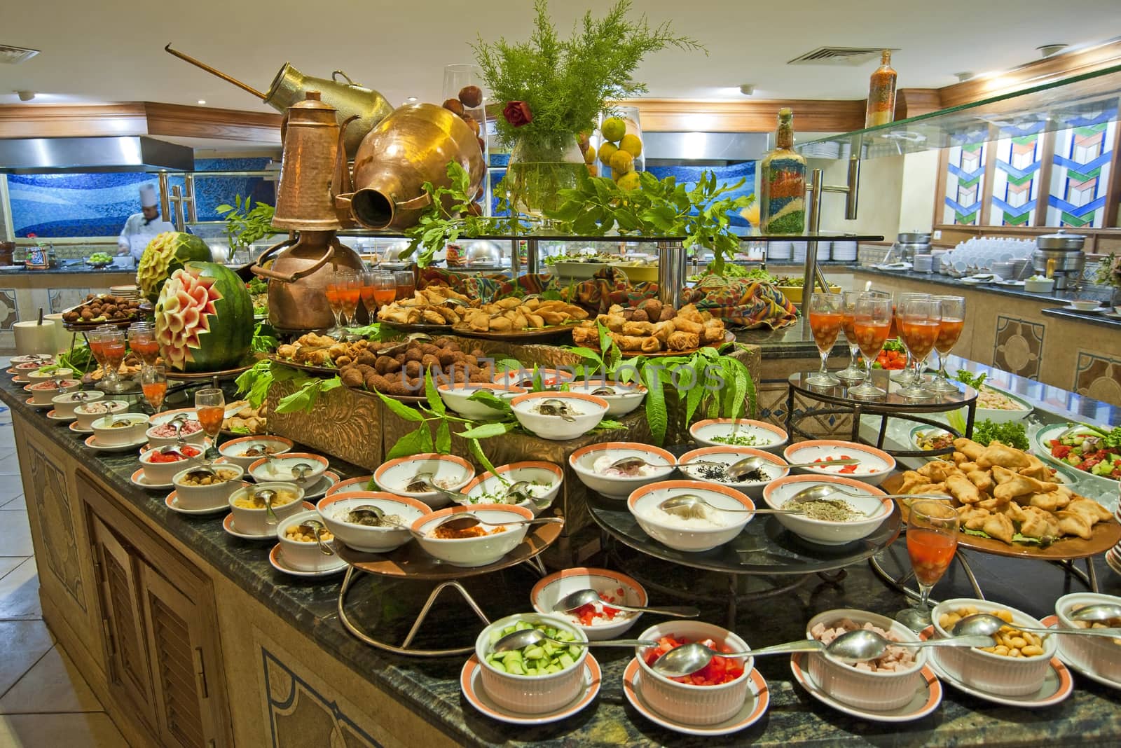 Selection of salads at a buffet bar in a luxury hotel restaurant
