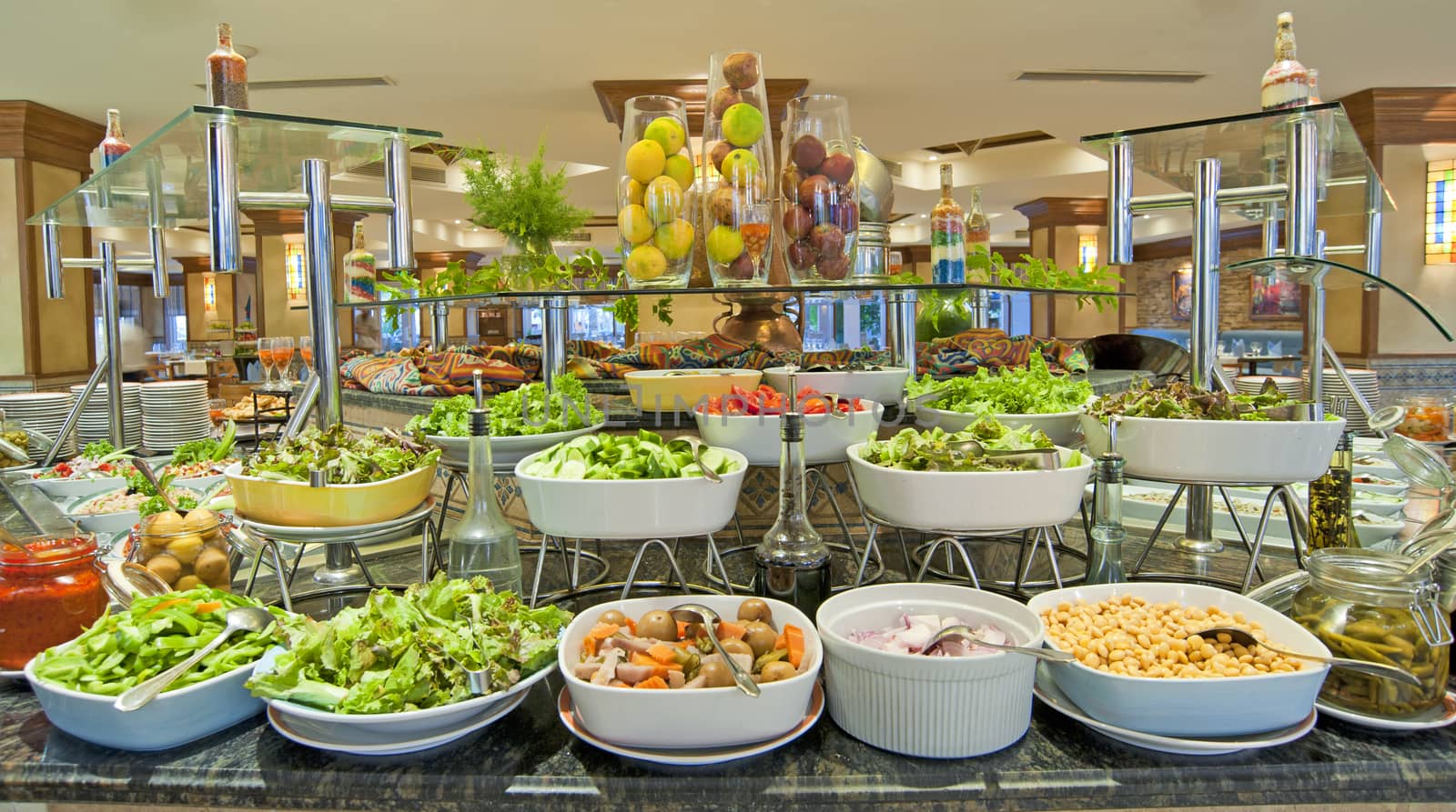 Selection of slads at a buffet bar in a luxury hotel restaurant