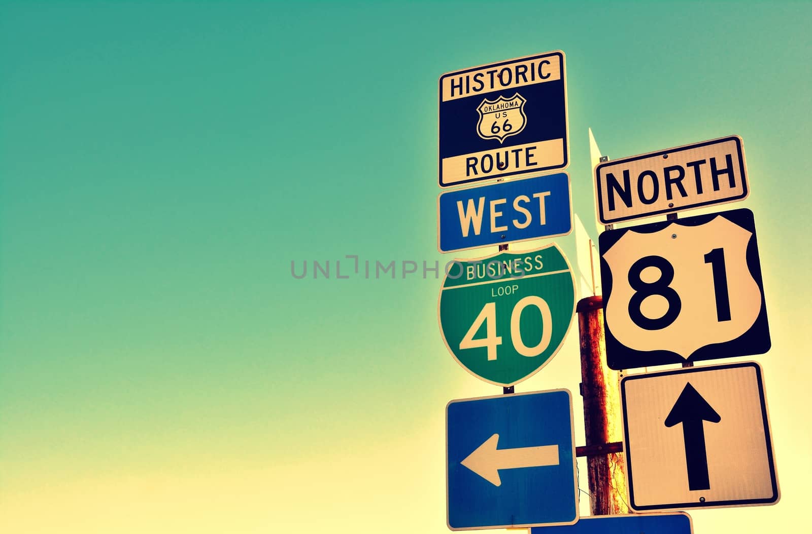 Route 66 road signs on Oklahoma, US.