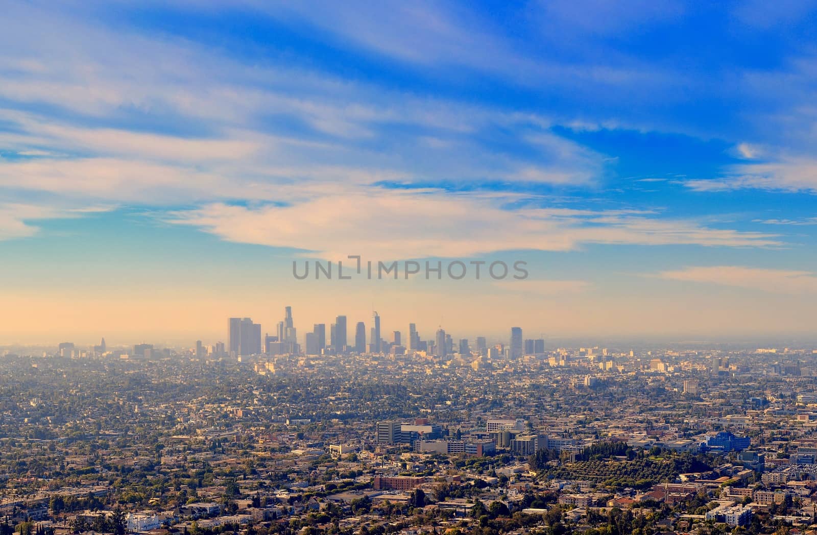 Los Angeles downtown skyline at sunrise.