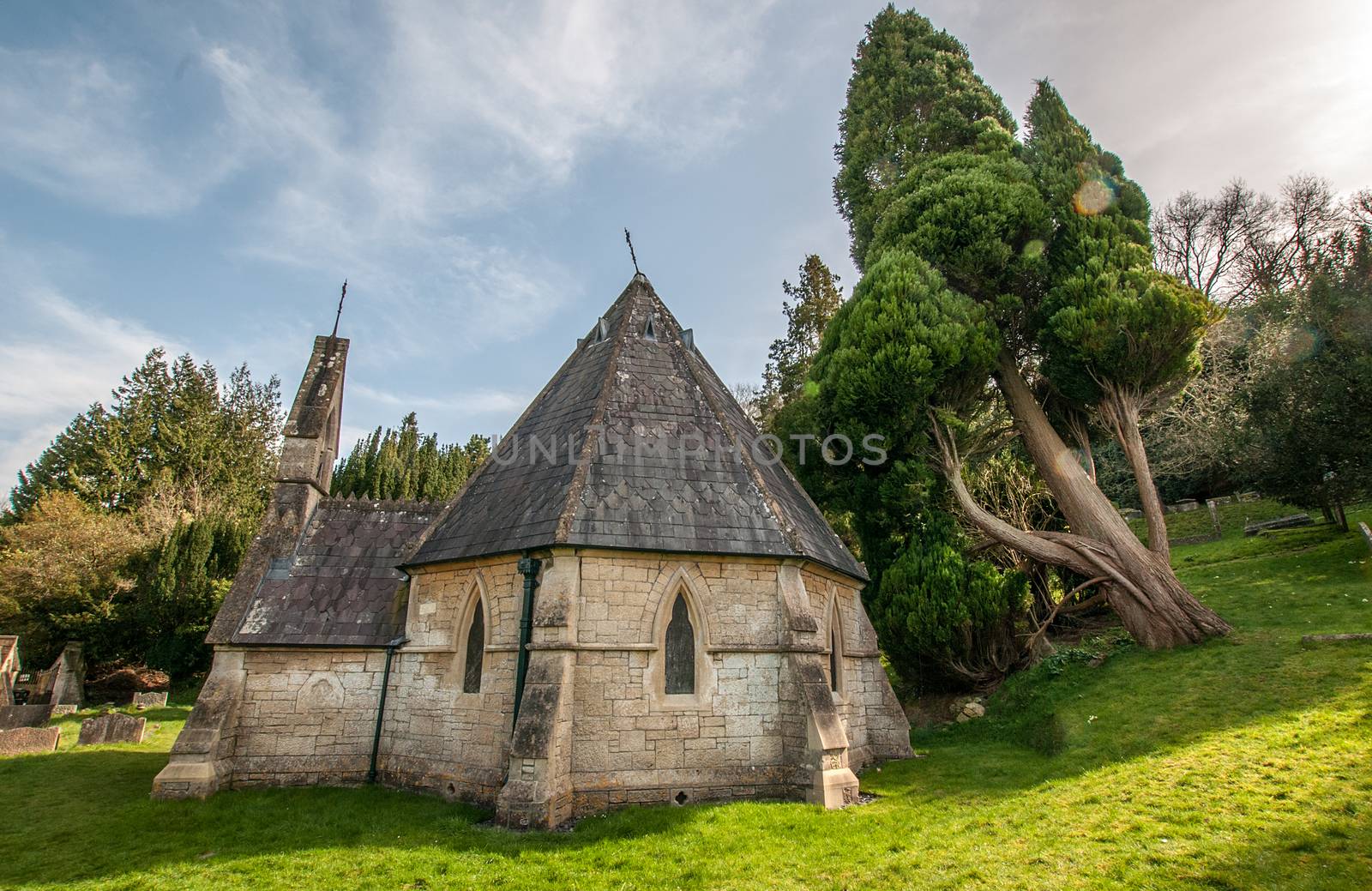 smallcombe cemetary in bath with a strange green bent tree to its side by sirspread