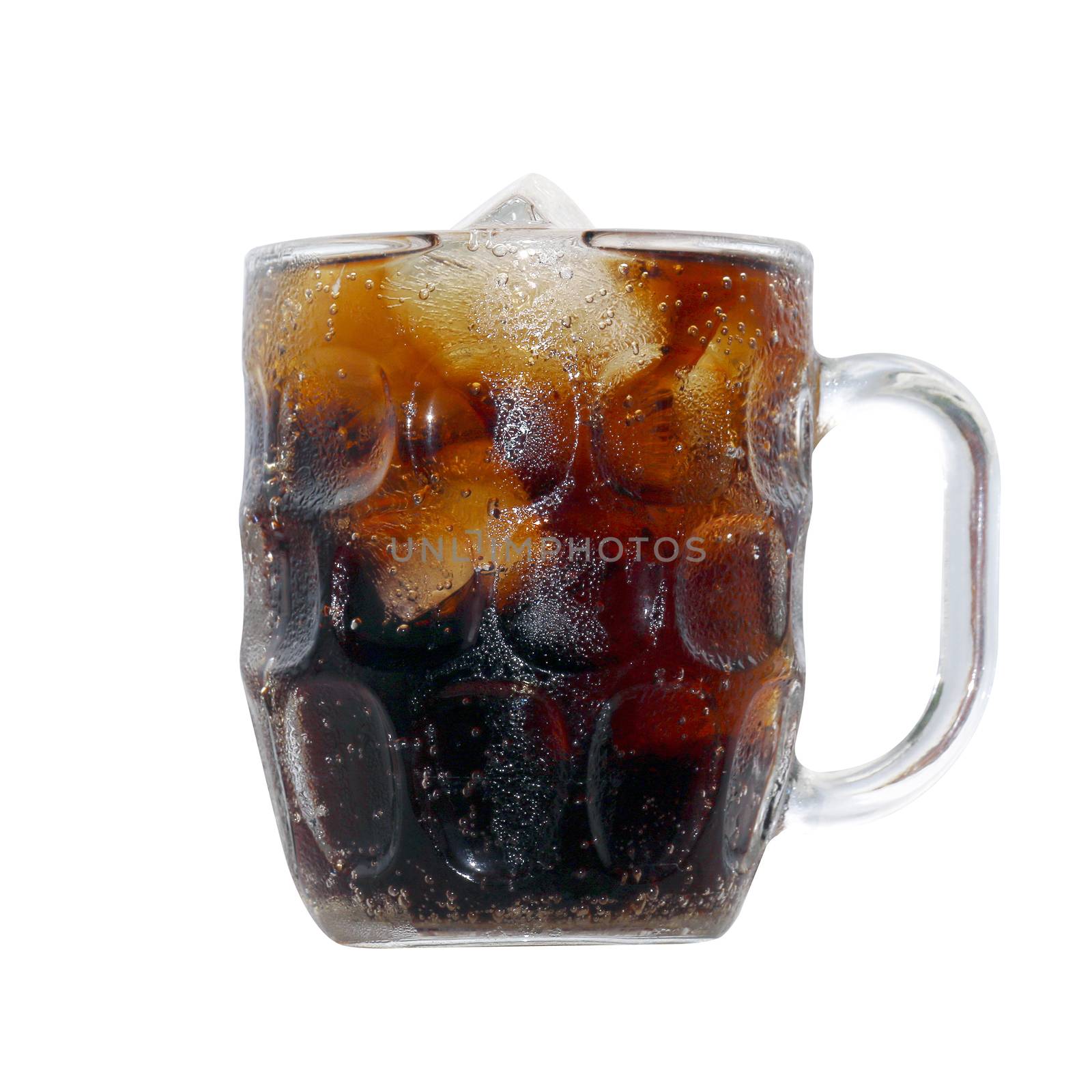 black cola soda in glass with ice cubes for refreshments feel, beverage cola and cubes ice refreshing cool in glass isolated on white background