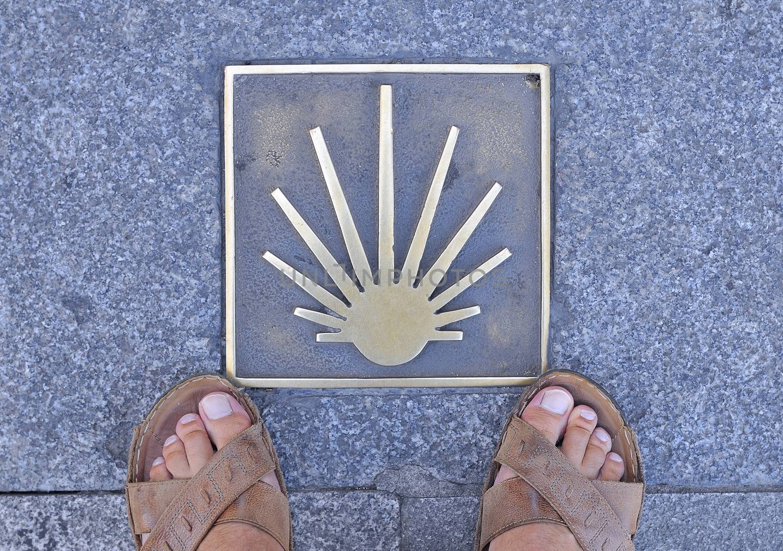 Metal signal in asphalt, Way of St. James in Spain, man's feet in sandals on sidewalk.From above
