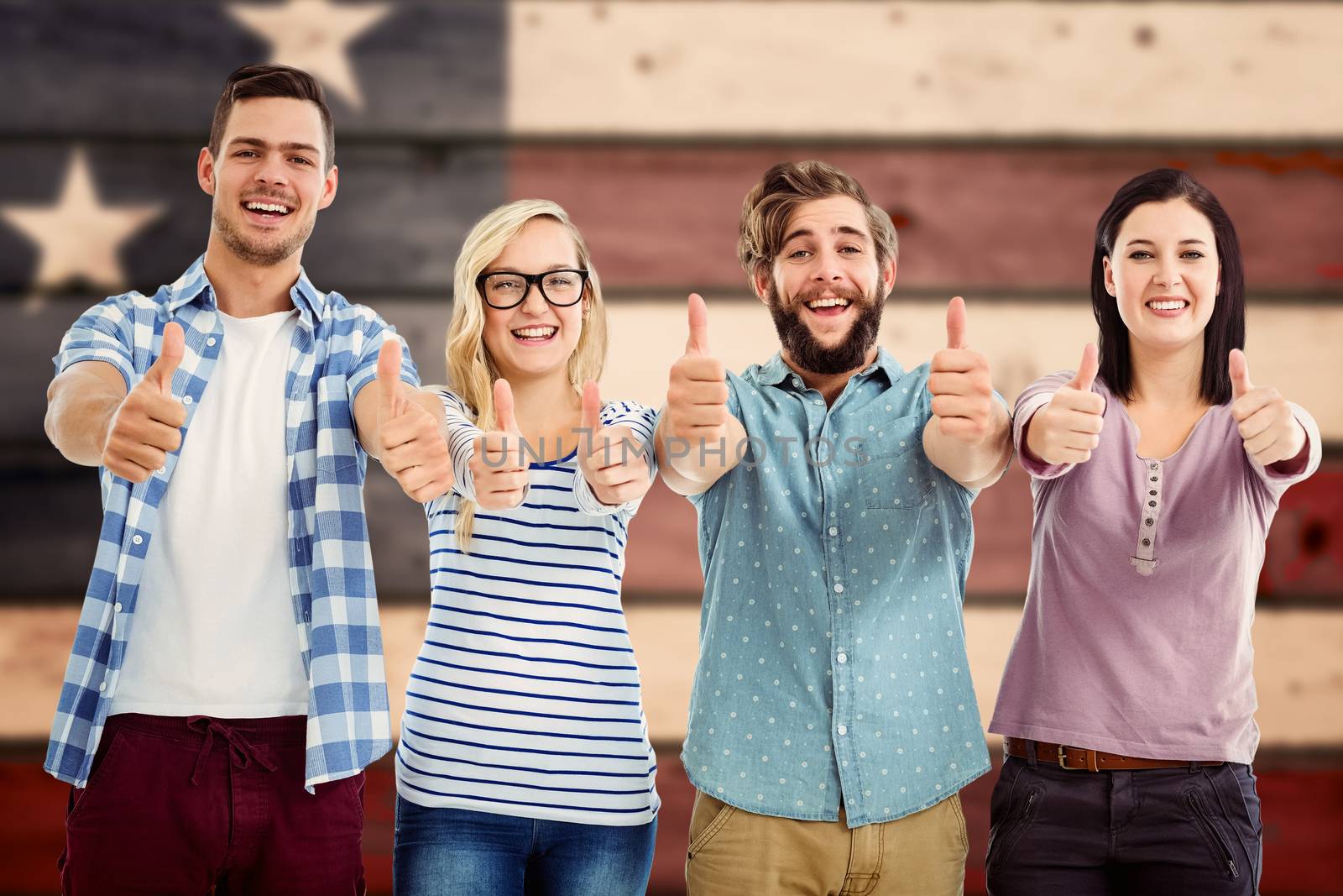 Portrait of smiling business people with thumbs up  against composite image of usa national flag