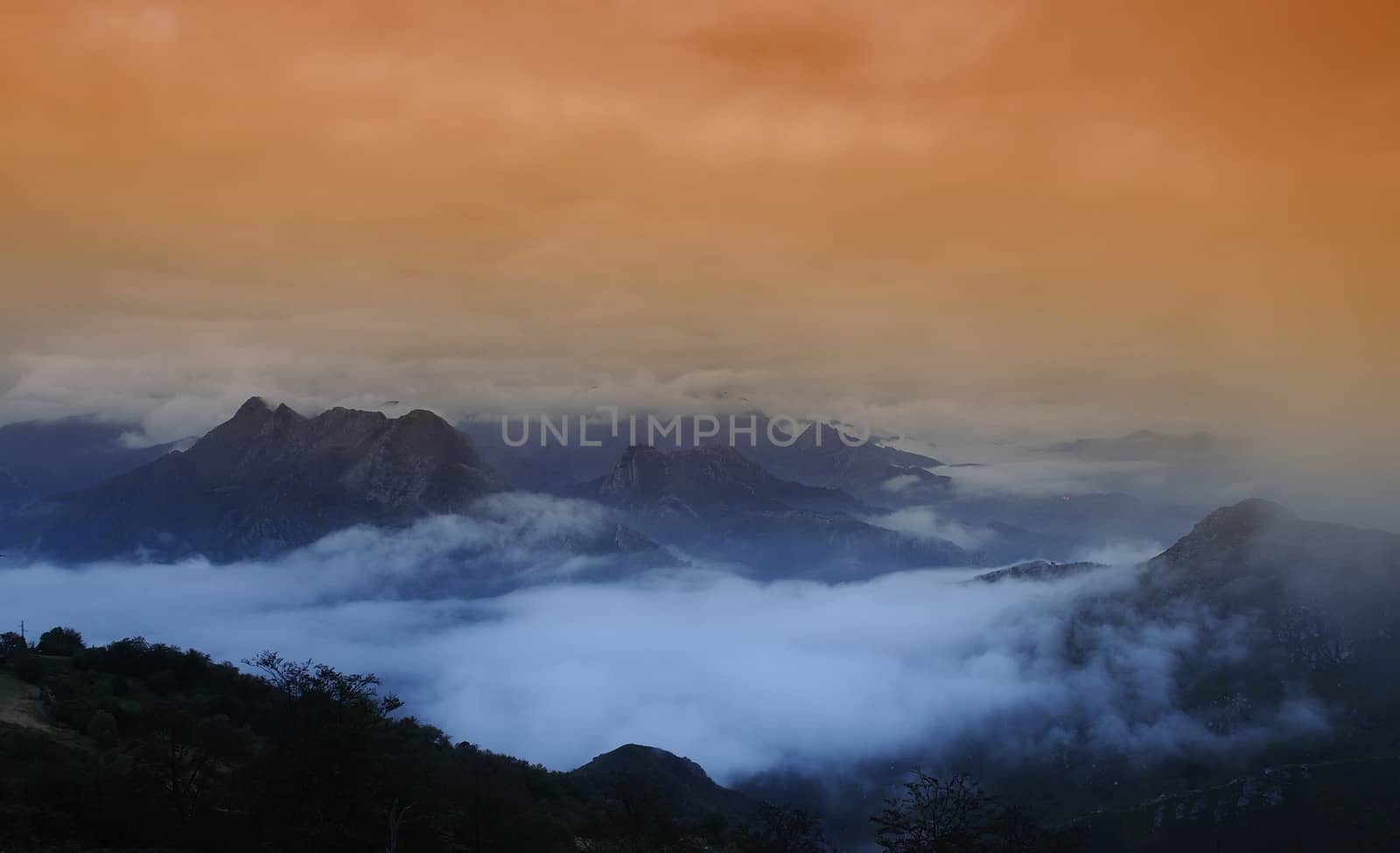 Views the fog in the mountains at dawn.