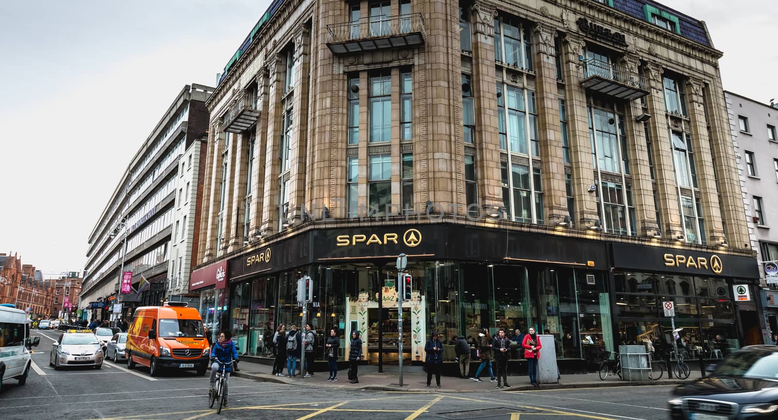 Dublin, Ireland - February 11, 2019: Architecture detail and street atmosphere in a shopping street on a winter day