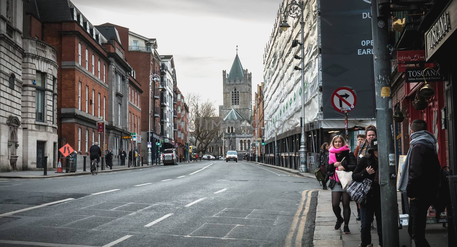 Dublin, Ireland - February 11, 2019: Architecture detail and street atmosphere in a shopping street on a winter day