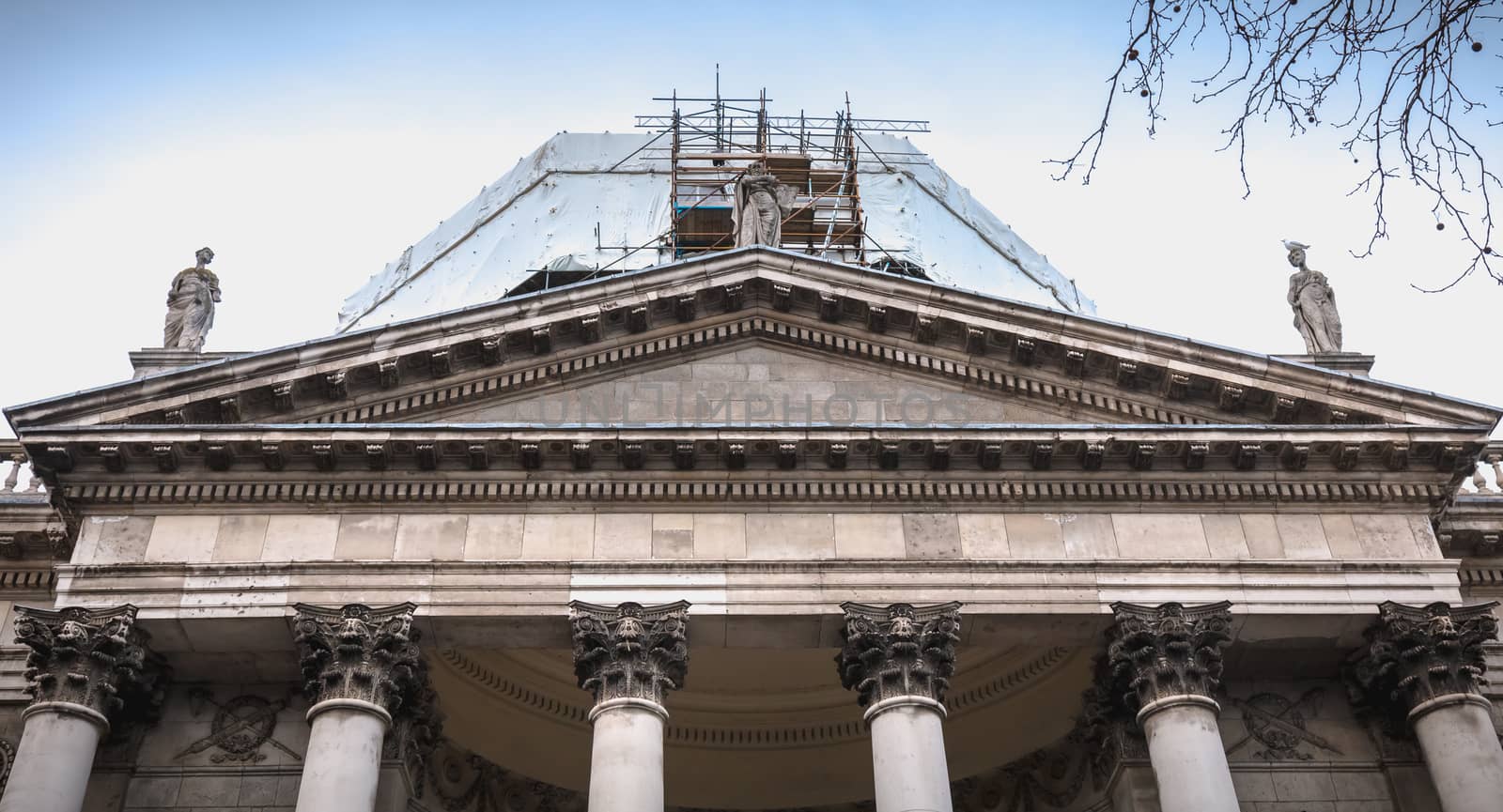 Dublin, Ireland - February 11, 2019: Architectural detail of the Dublin Four Court Courthouse on a winter day