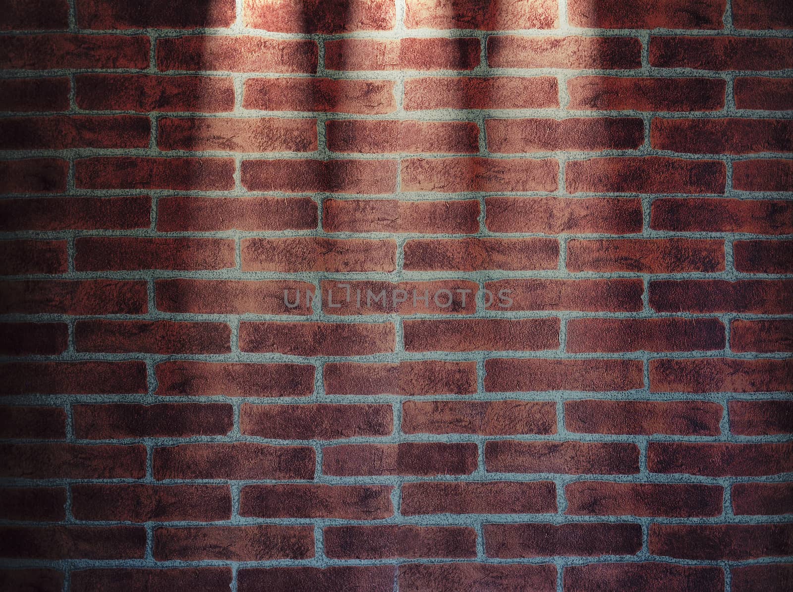 Illustration of red brick wall illuminated with three lights. 3D rendering.