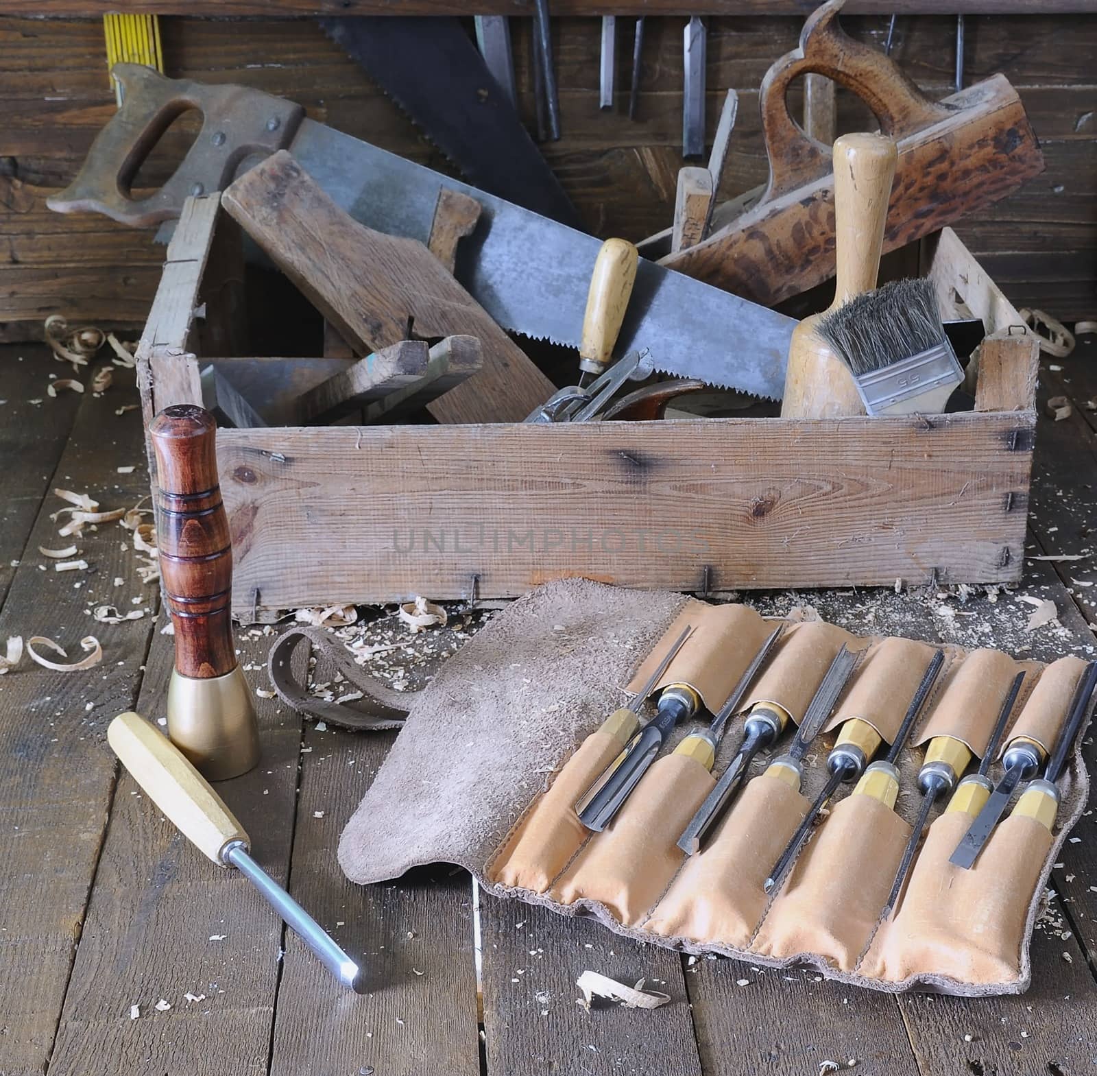 Old toolbox on the workbench in a carpentry