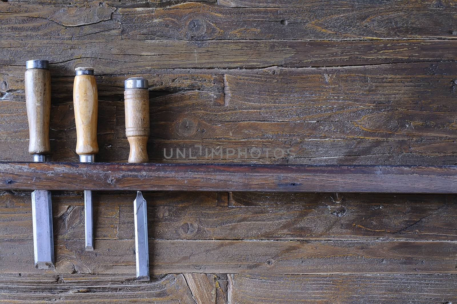 Carpenter tools on a work bench carpentry.
