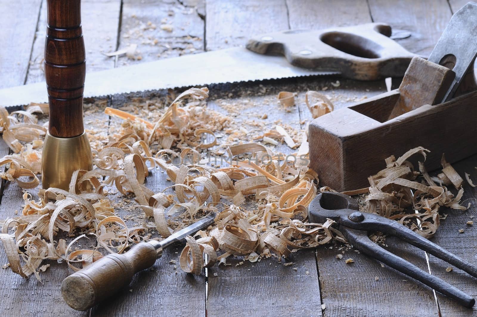 Carpenter tools on a work bench carpentry.