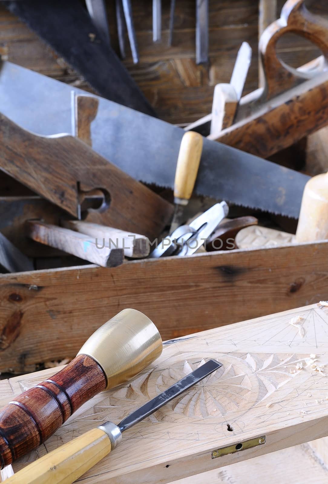 Carpenter tools on a work bench carpentry.