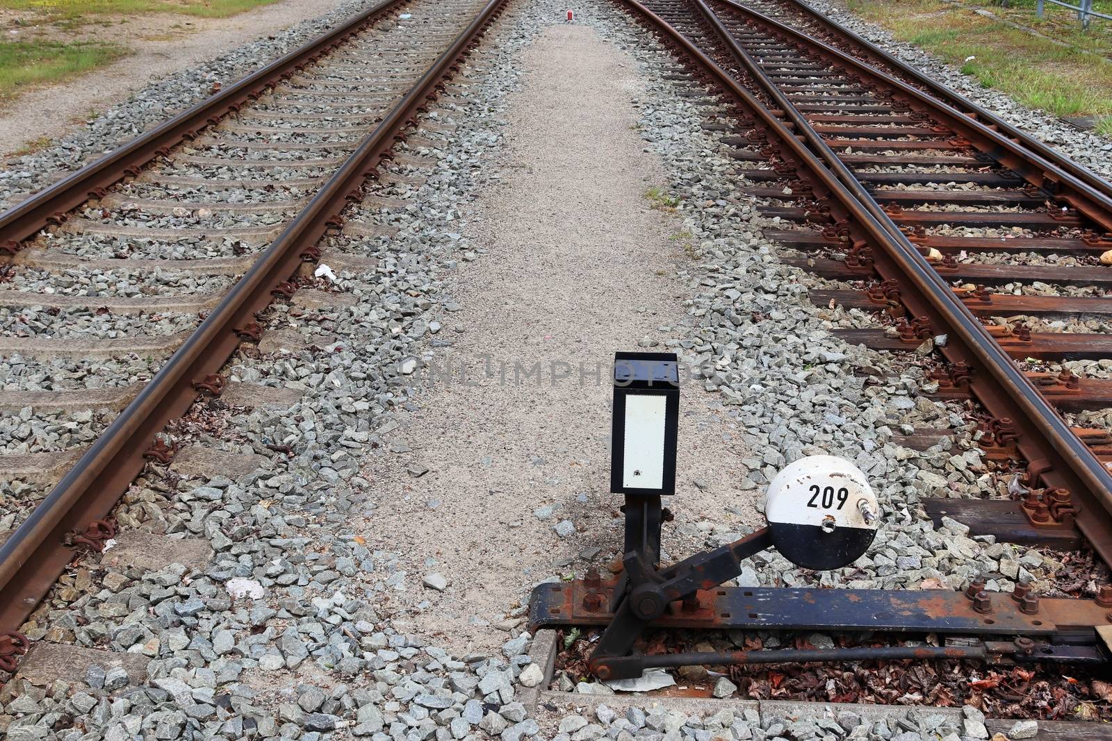 Multiple railroad tracks with junctions at a railway station in a perspective view