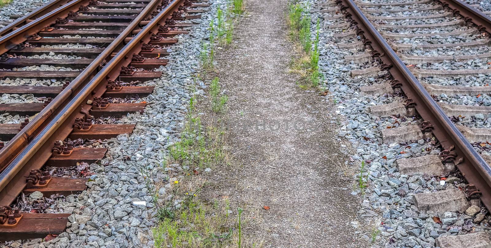 Multiple railroad tracks with junctions at a railway station in a perspective view