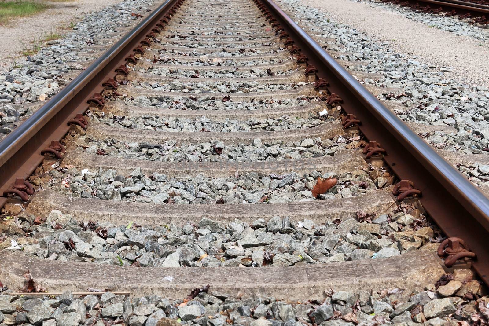 Multiple railroad tracks with junctions at a railway station in a perspective view