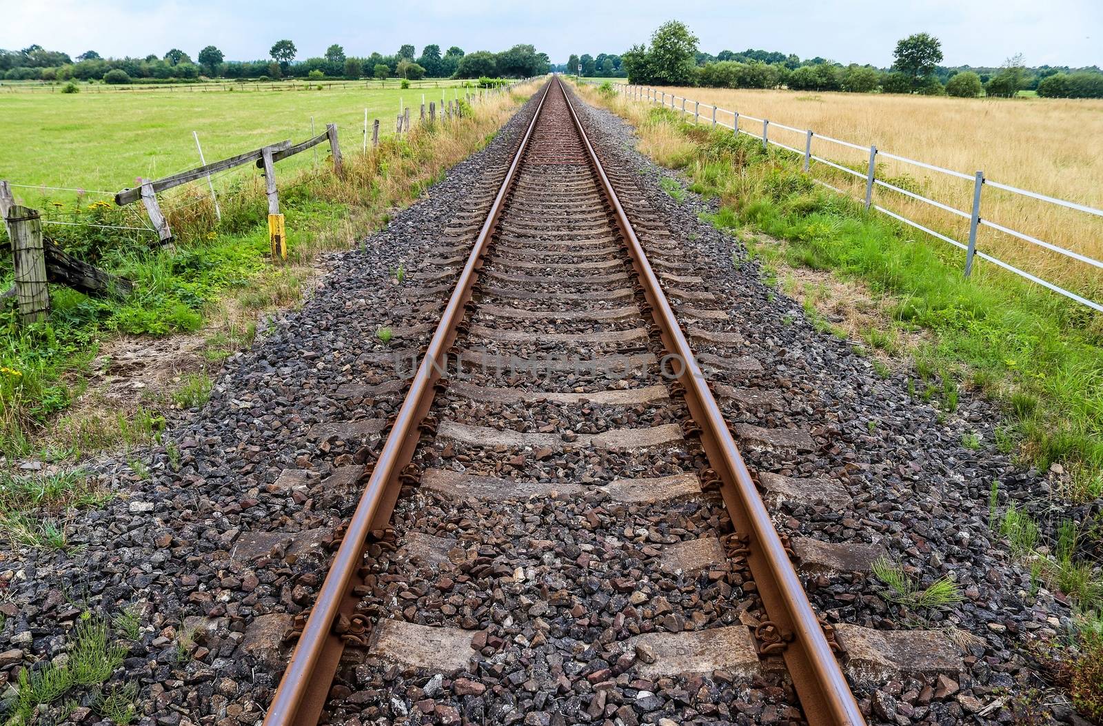 Multiple railroad tracks with junctions at a railway station in a perspective view