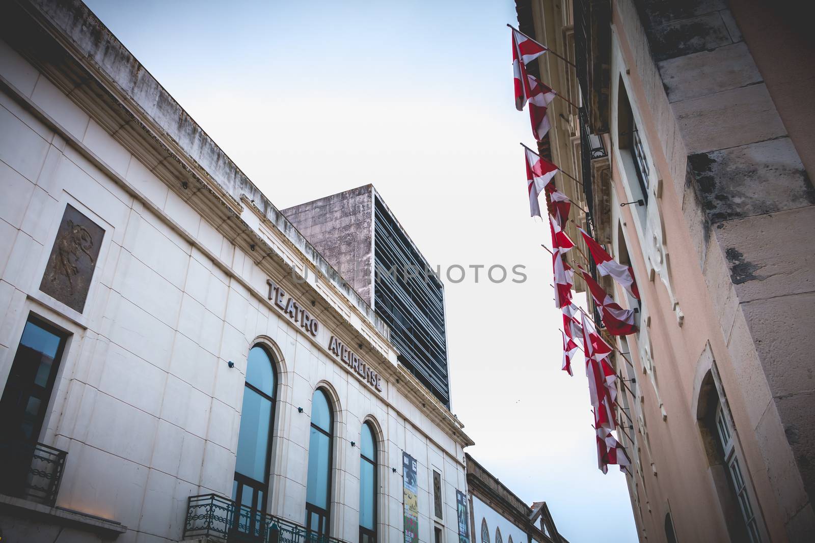Aveiro, Portugal - May 7, 2018: Architecture detail of Aveirense theater in the historic city center on a spring day
