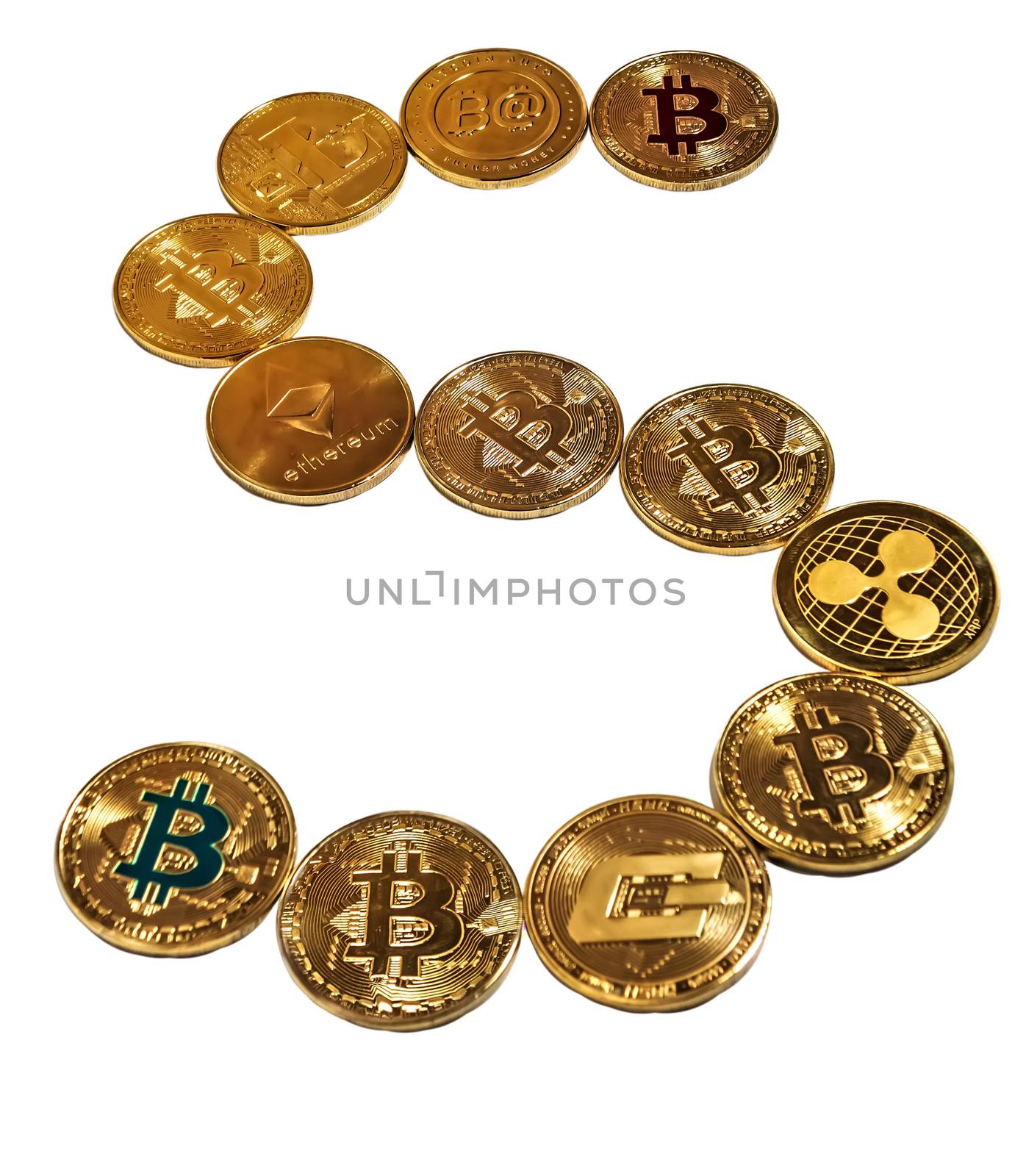 Bitcoin BTC, Ripple XRP, Ethereum ETH, Dash, Litecoin LTC crypto currency blockchain Coin isolated on white background soft focus