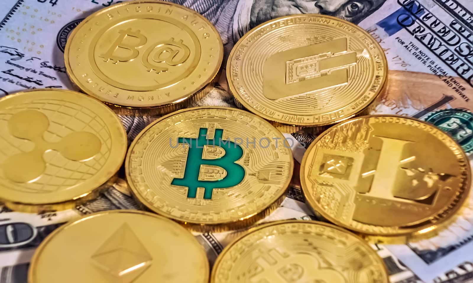 Gold Bitcoin Close up Collection of banknotes. Crypto currency money exchange for trade. Physical Coin Cryptocurrency BTC money Crypto Investing luxury backround.