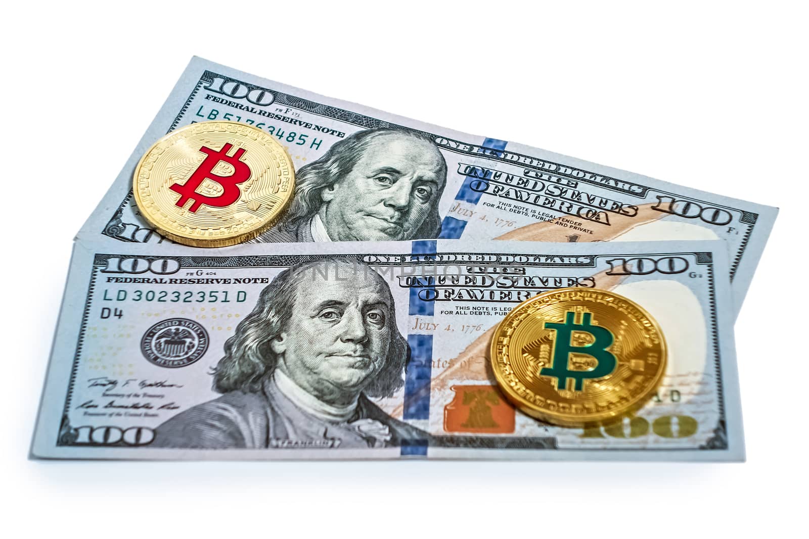 Gold bitcoin coin of U.S. dollar bills isolated on white background cryptocurrency mining concept.