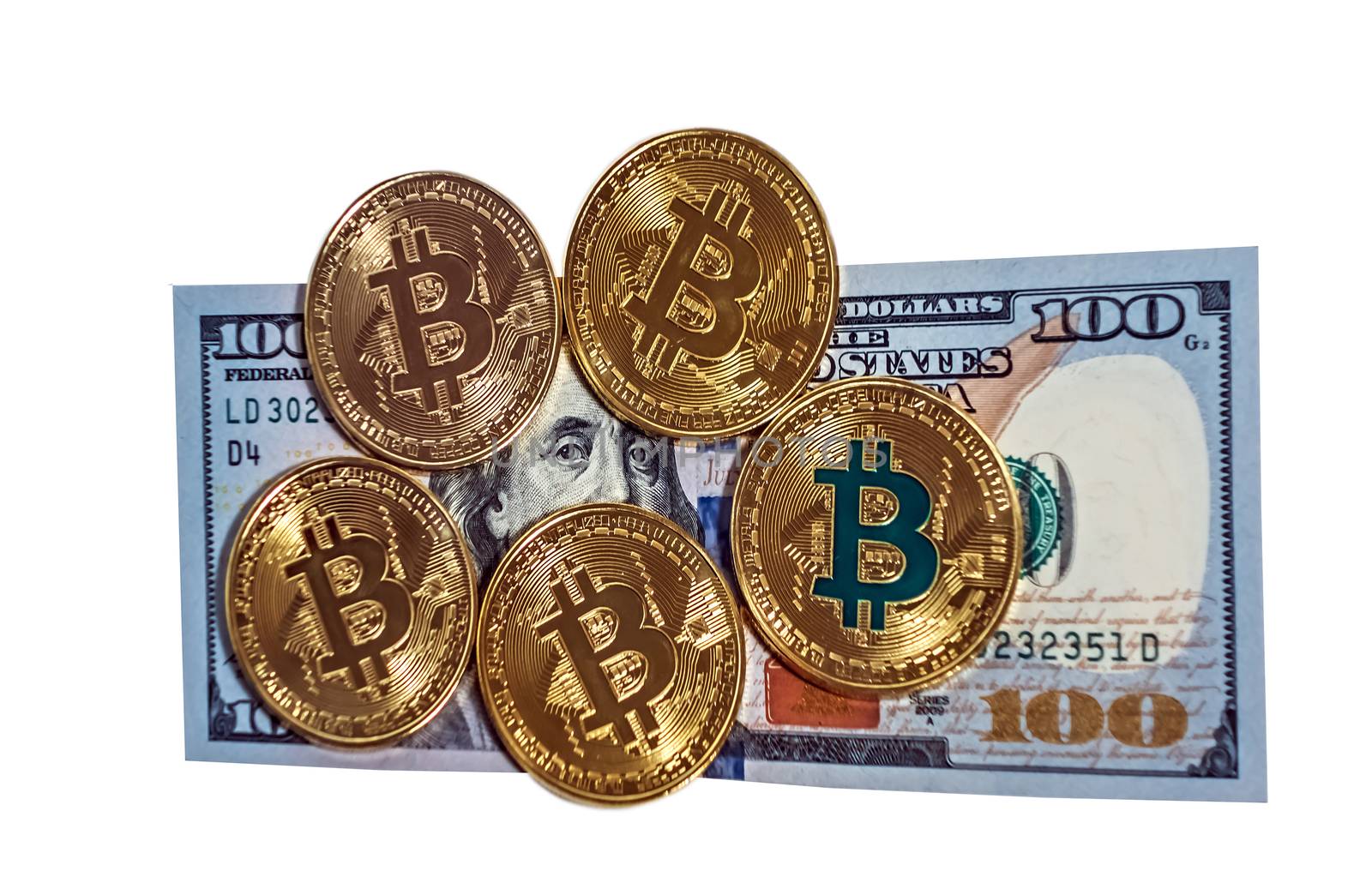 Gold bitcoin coin one hundred dollars bills. Coin flower exchange usd isolated on white background, Macro portrait of Benjamin Franklin cryptocurrency mining concept.