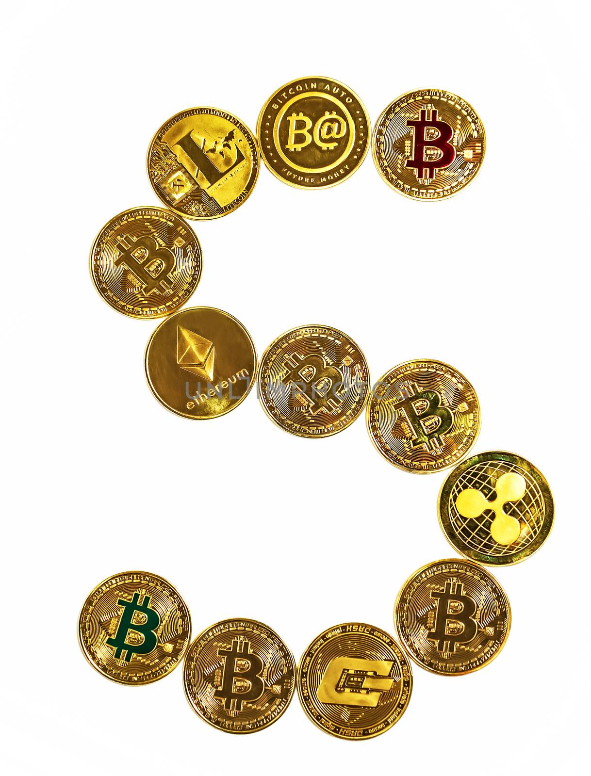 Bitcoin BTC, Ripple XRP, Ethereum ETH, Dash, Litecoin LTC crypto currency blockchain Coin isolated on white background