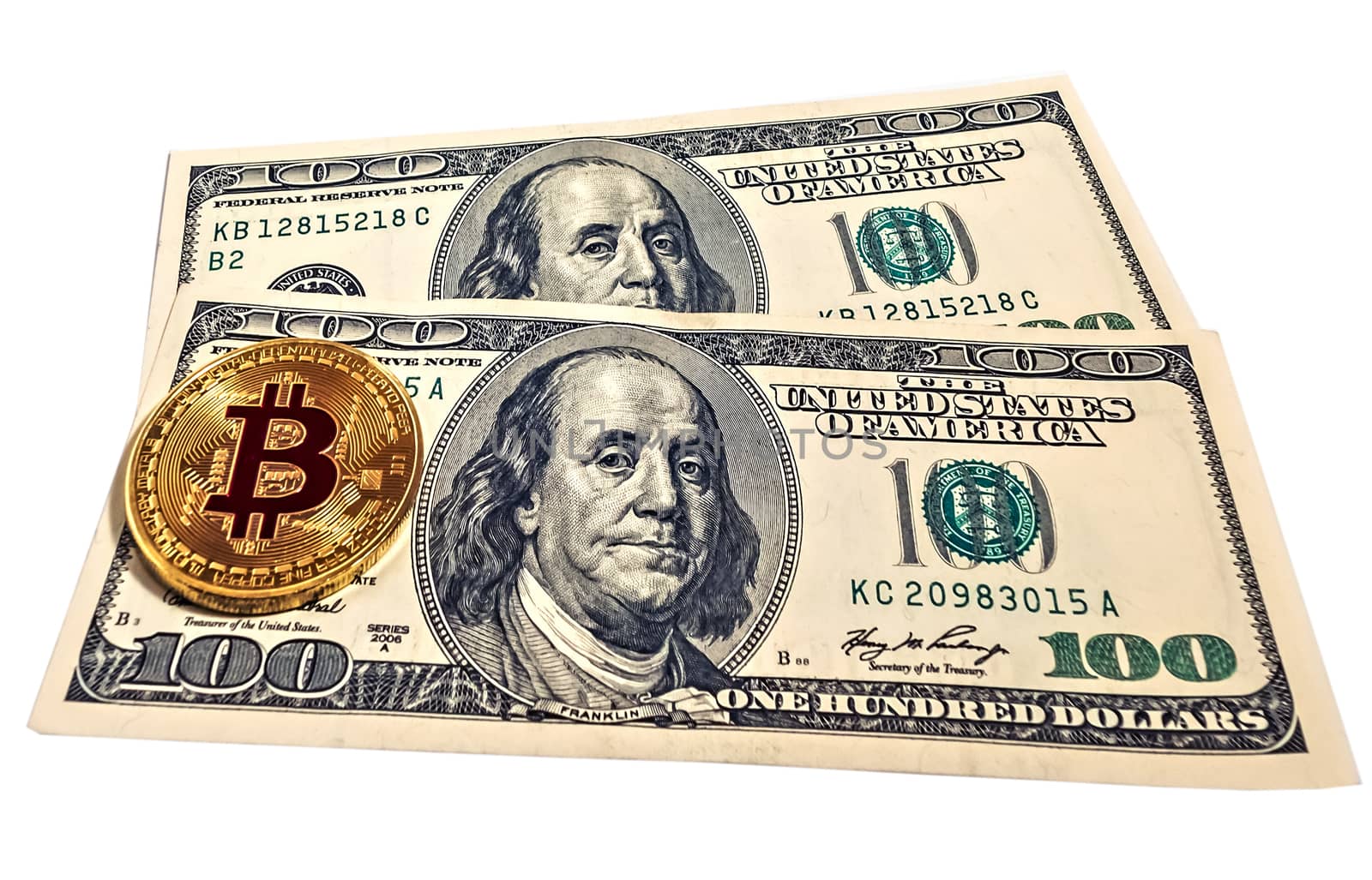 Gold bitcoin coin U.S. one hundred dollars bills money american. Coin exchange usd isolated on white background, cryptocurrency mining concept.