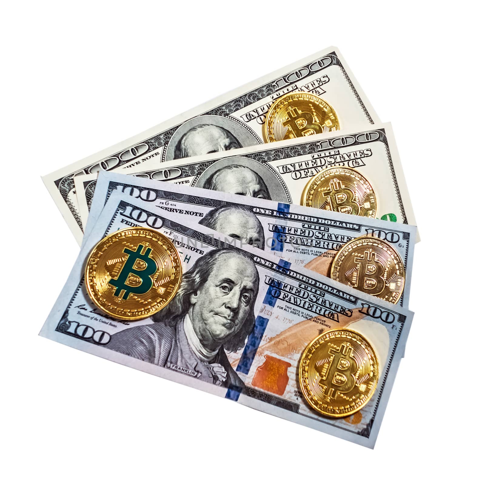 Gold bitcoin coin one hundred dollars bills isolated on white background cryptocurrency mining concept.