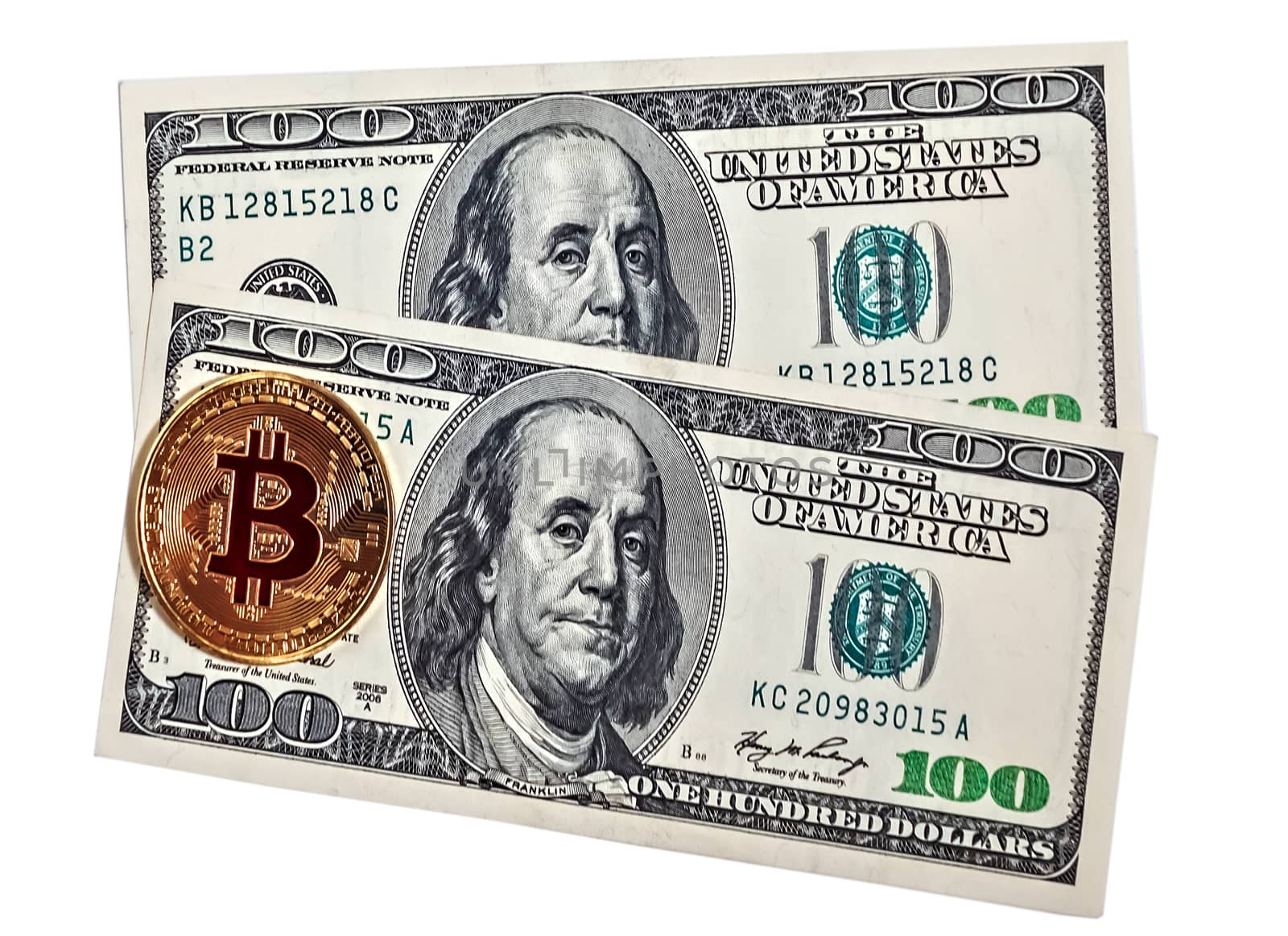 Gold bitcoin coin one hundred dollars bills. Coin exchange usd isolated on white background, cryptocurrency mining concept. Macro portrait of Benjamin Franklin