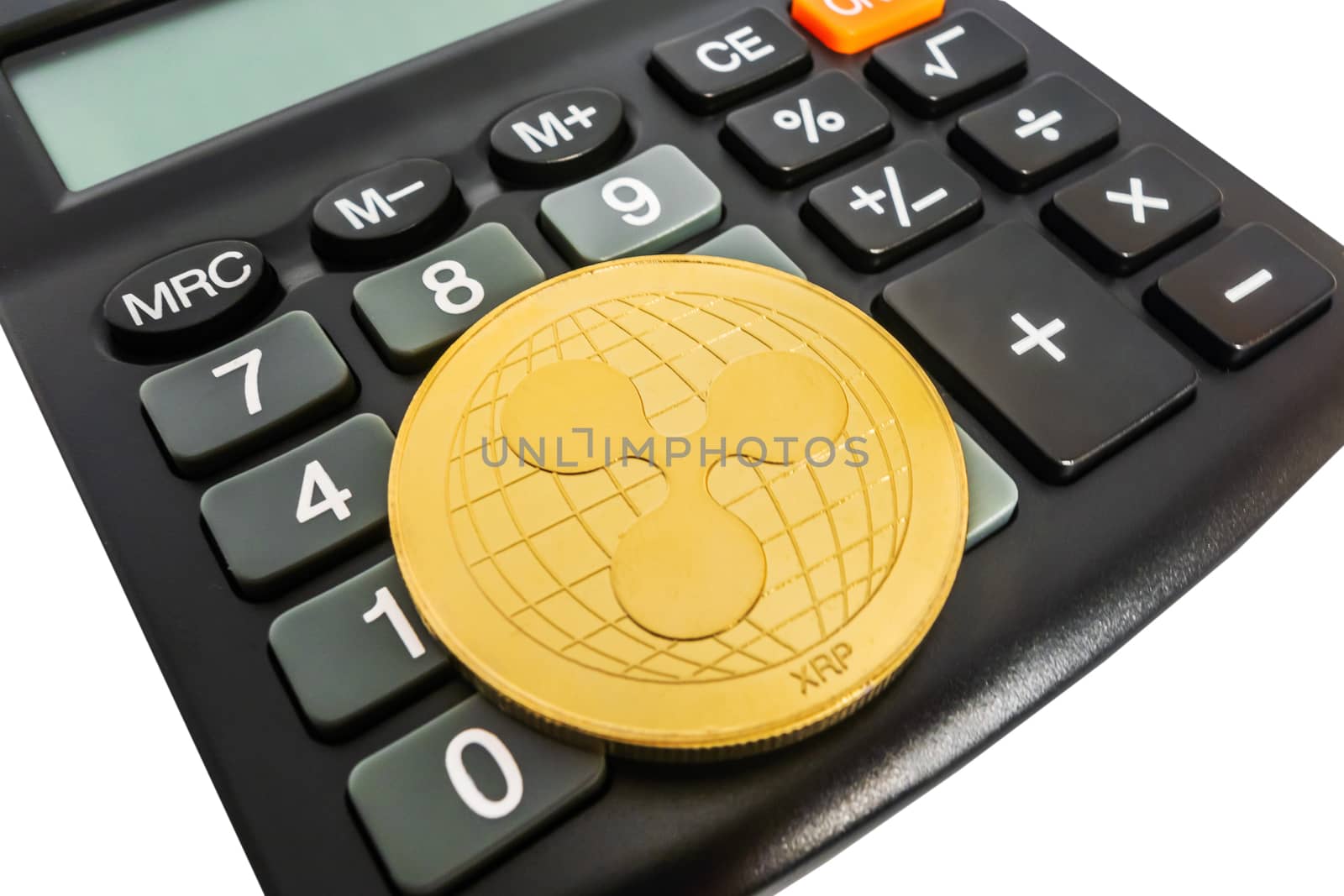 Ripple XRP Business concept Black electronic calculator isolated on white background.