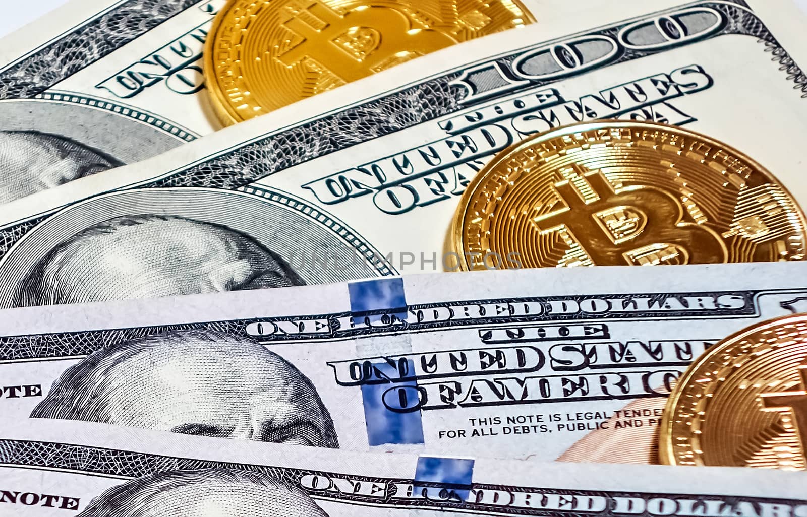 Gold bitcoin coin of U.S. dollar bills money american background cryptocurrency mining concept.