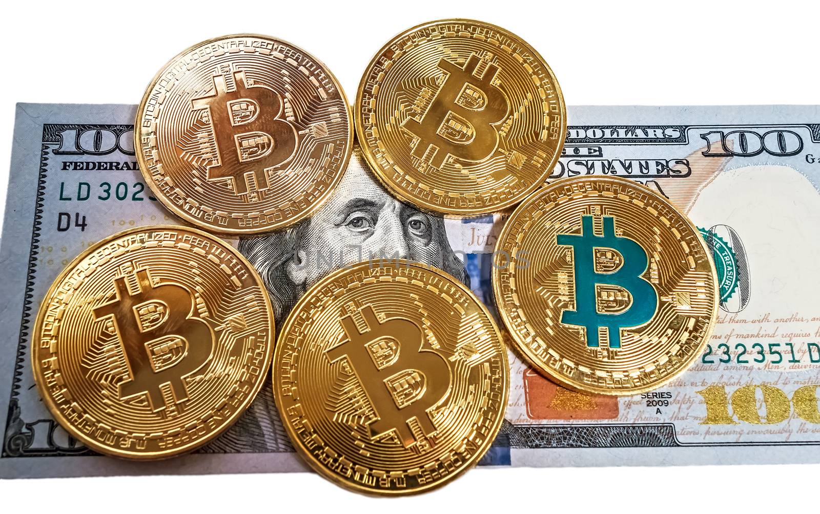 Gold bitcoin coin one hundred dollars bills. Coin exchange usd isolated on white background, cryptocurrency mining concept.
