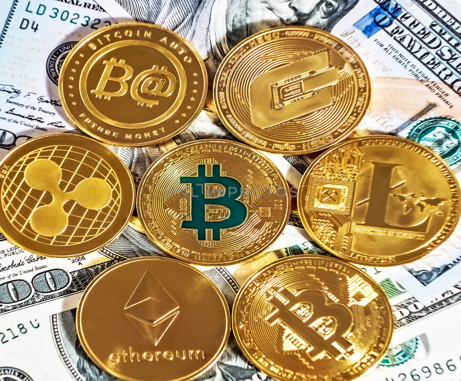 Gold bitcoin coin one hundred dollars bills banknotes. Blockchain technology Virtual digital currency. Crypto currency money exchange for trade. Physical Coin Cryptocurrency BTC Investing.