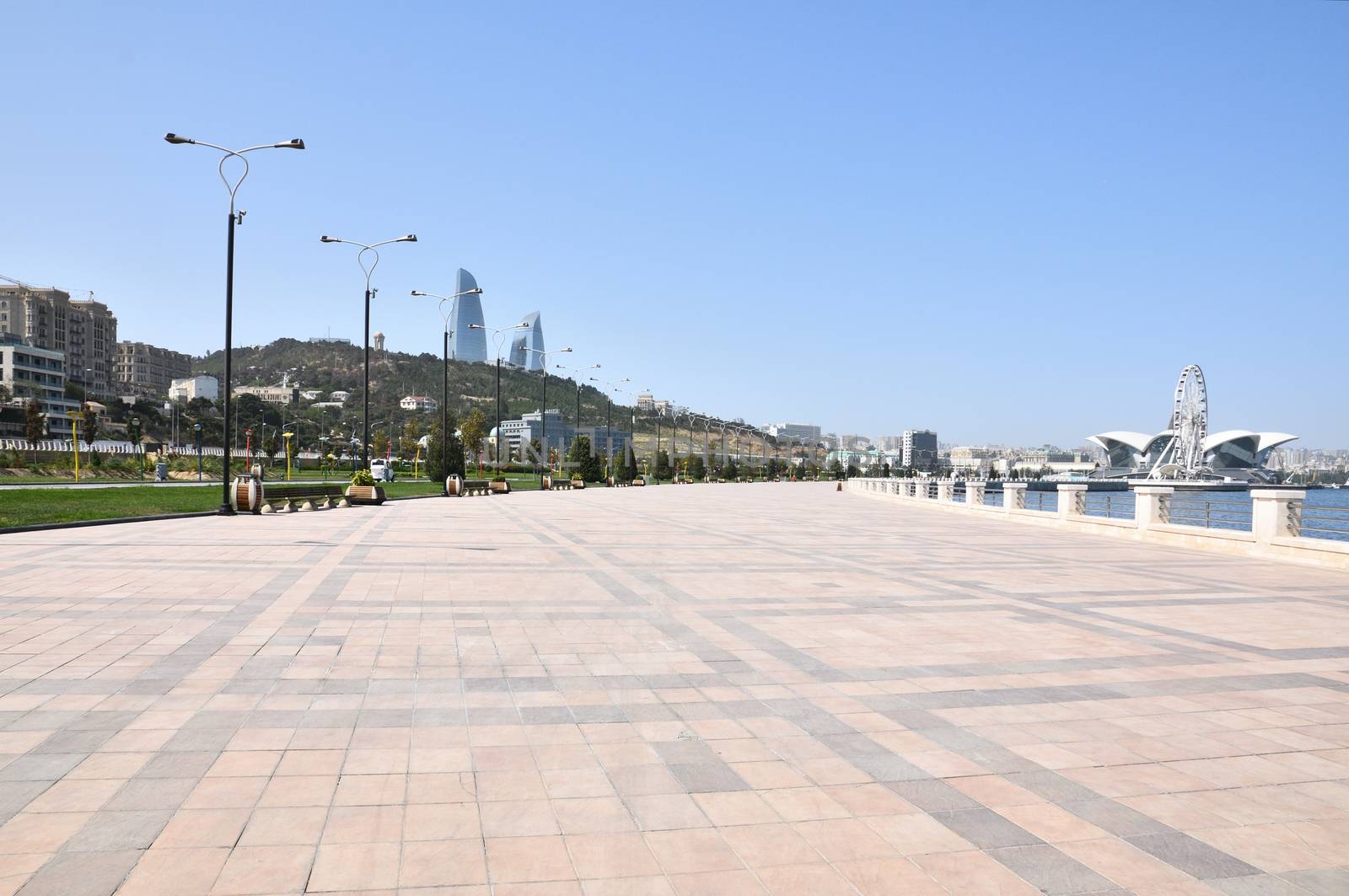 Seaside Boulevard on the Caspian shore in Baku in summer