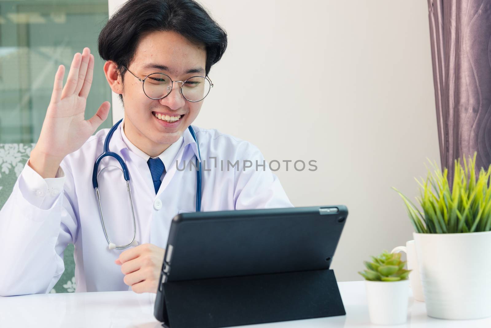 Doctor man smile raise hands to greet patients modern smart digi by Sorapop