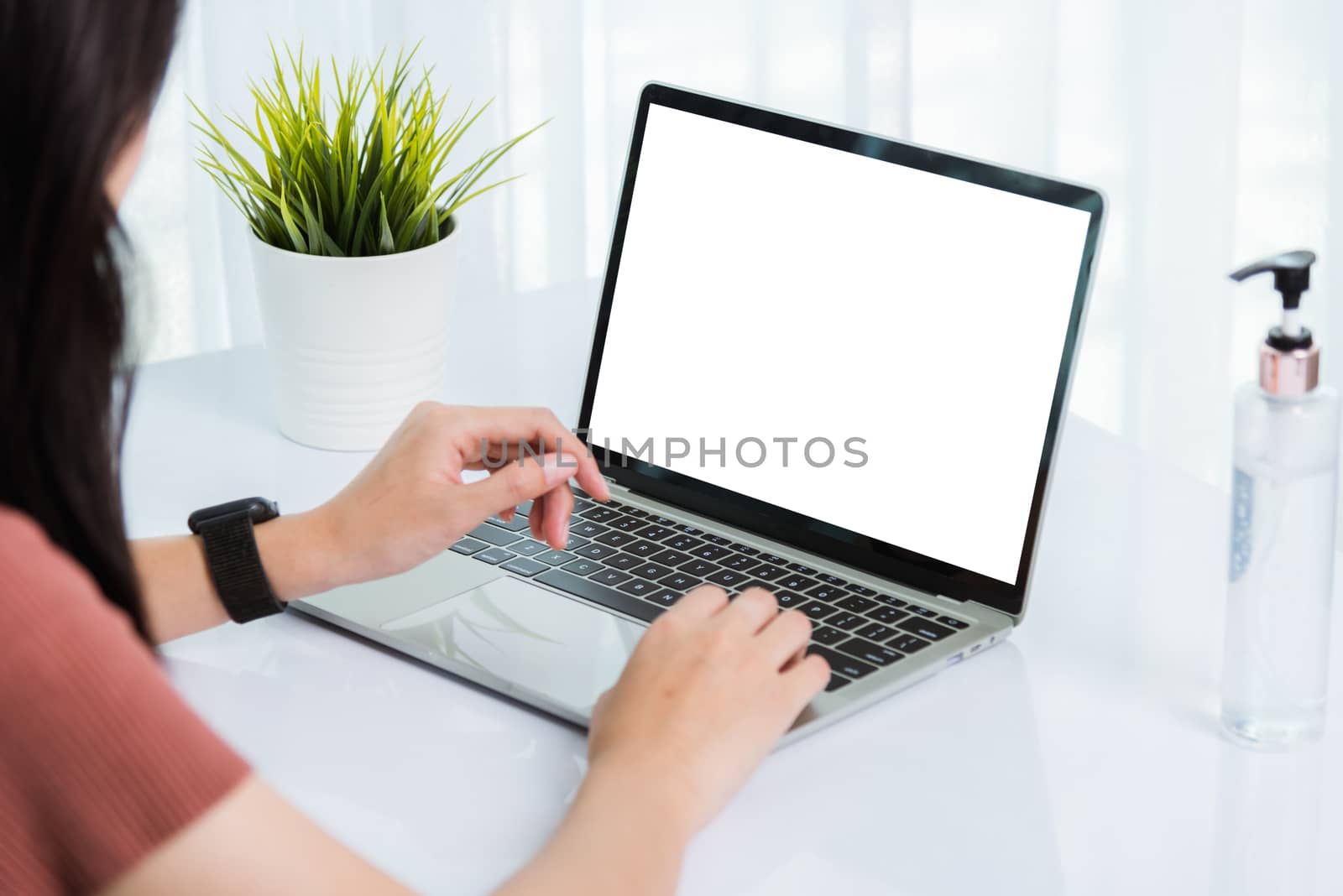 Back businesswoman video conference on front laptop computer by Sorapop