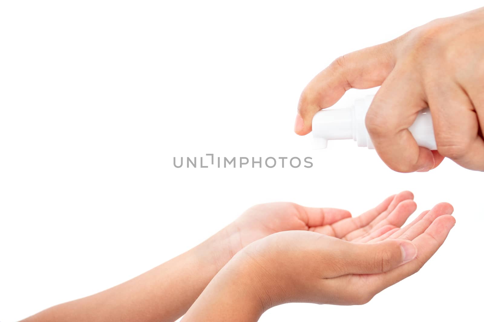 During the coronavirus epidemic mother teaches children to wash their hands with alcohol gel isolated on white background.