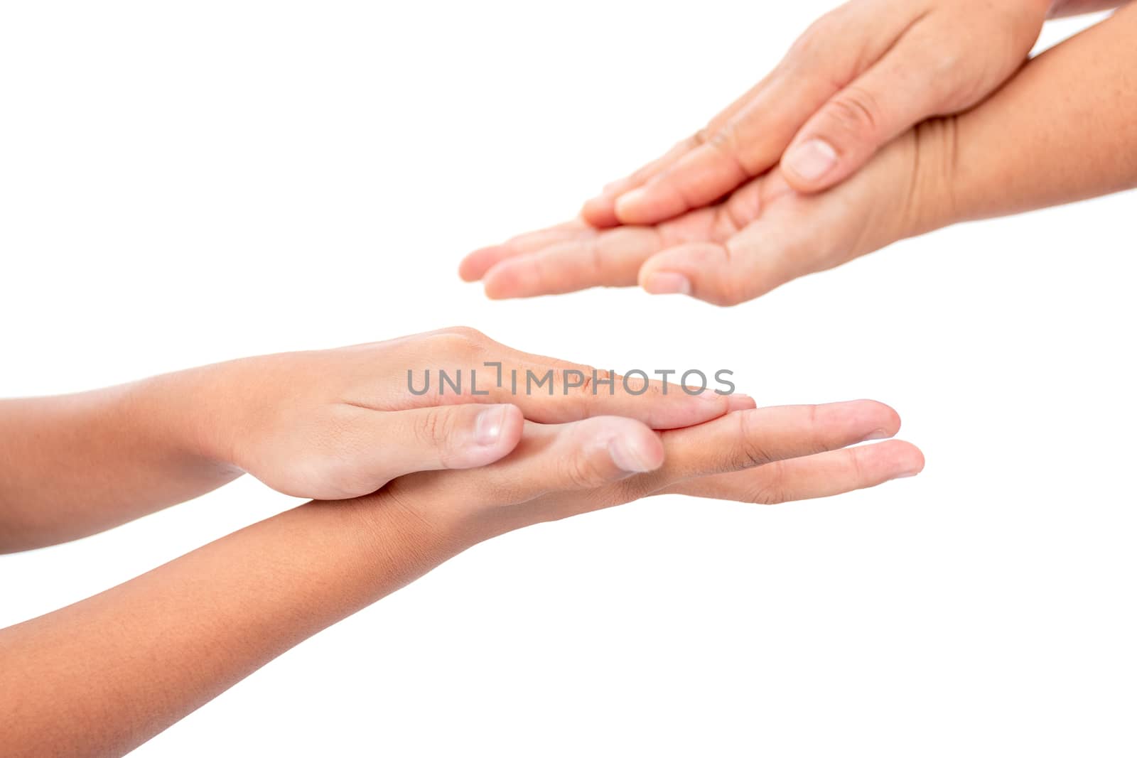 During the coronavirus epidemic mother teaches children to wash their hands with alcohol gel isolated on white background.