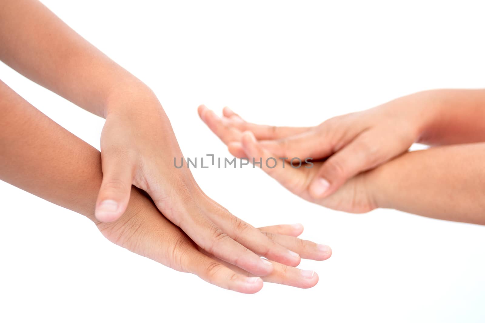 During the coronavirus epidemic mother teaches children to wash their hands with alcohol gel isolated on white background.