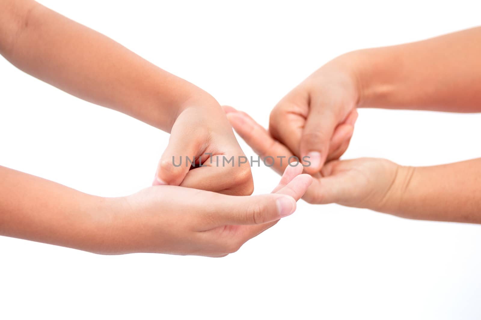 During the coronavirus epidemic mother teaches children to wash their hands with alcohol gel isolated on white background.