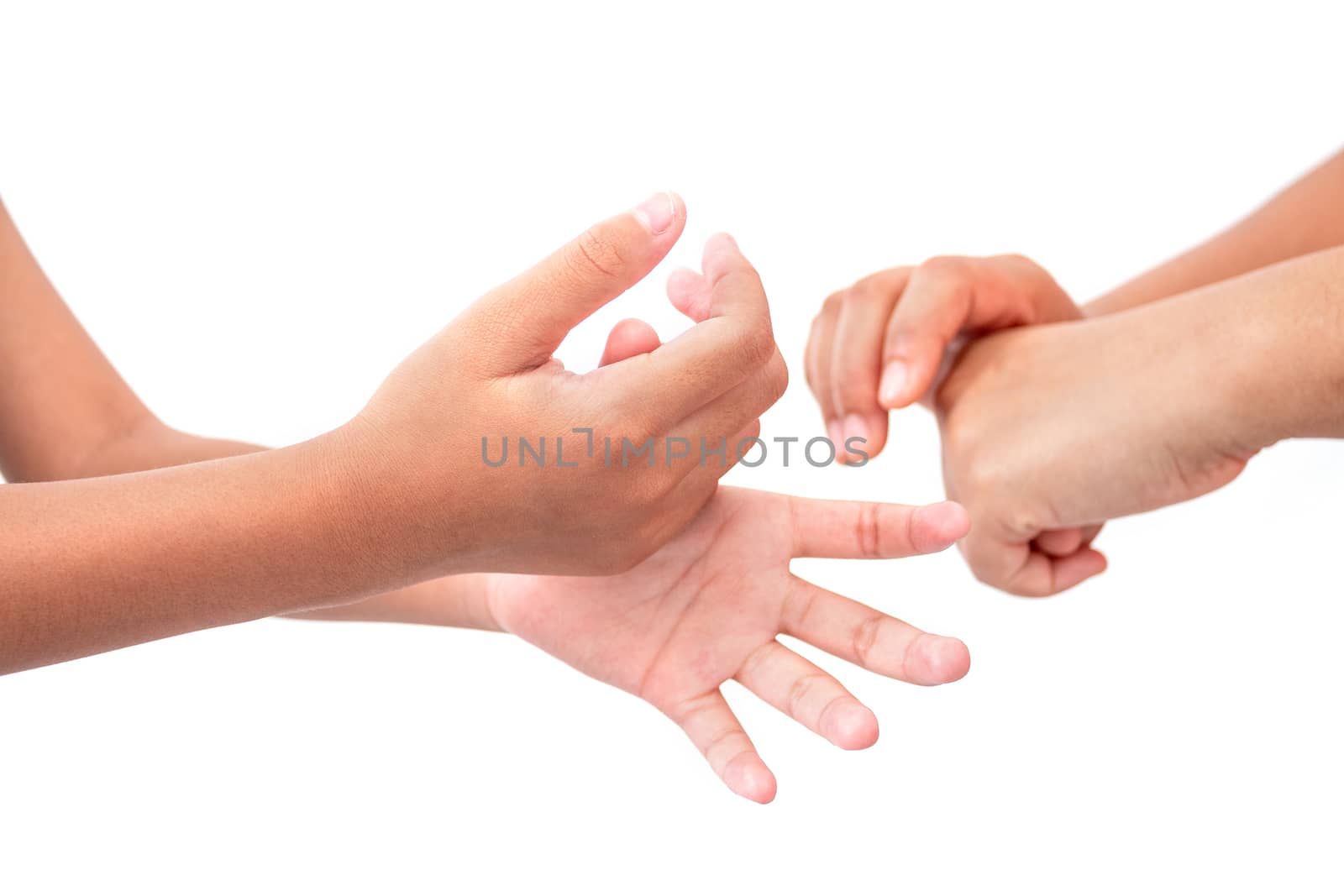 During the coronavirus epidemic mother teaches children to wash their hands with alcohol gel isolated on white background.