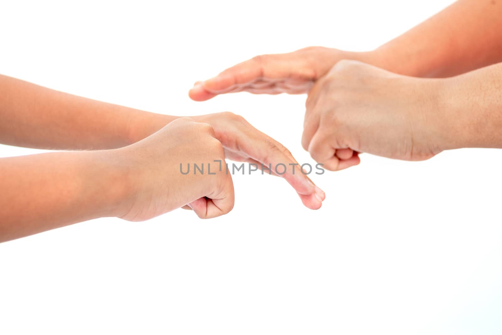 During the coronavirus epidemic mother teaches children to wash their hands with alcohol gel isolated on white background.