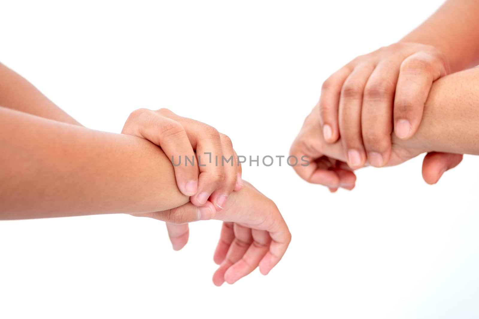 During the coronavirus epidemic mother teaches children to wash their hands with alcohol gel isolated on white background.